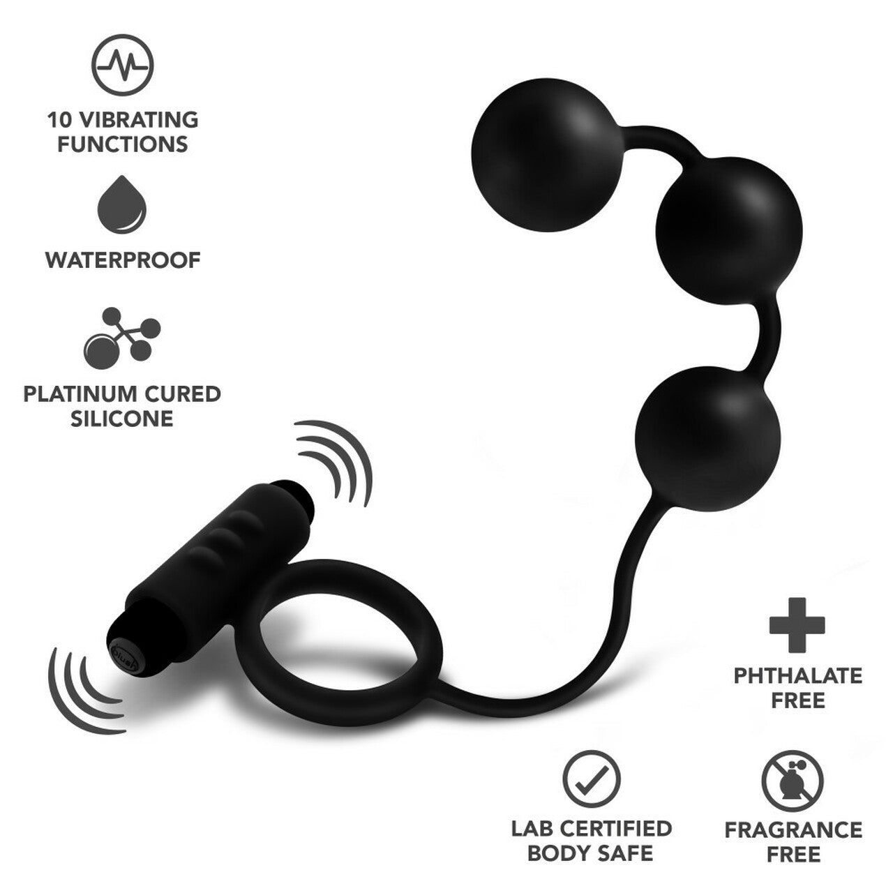 Anal Adventures Platinum - Silicone Anal Beads with Vibrating C-Ring - Black