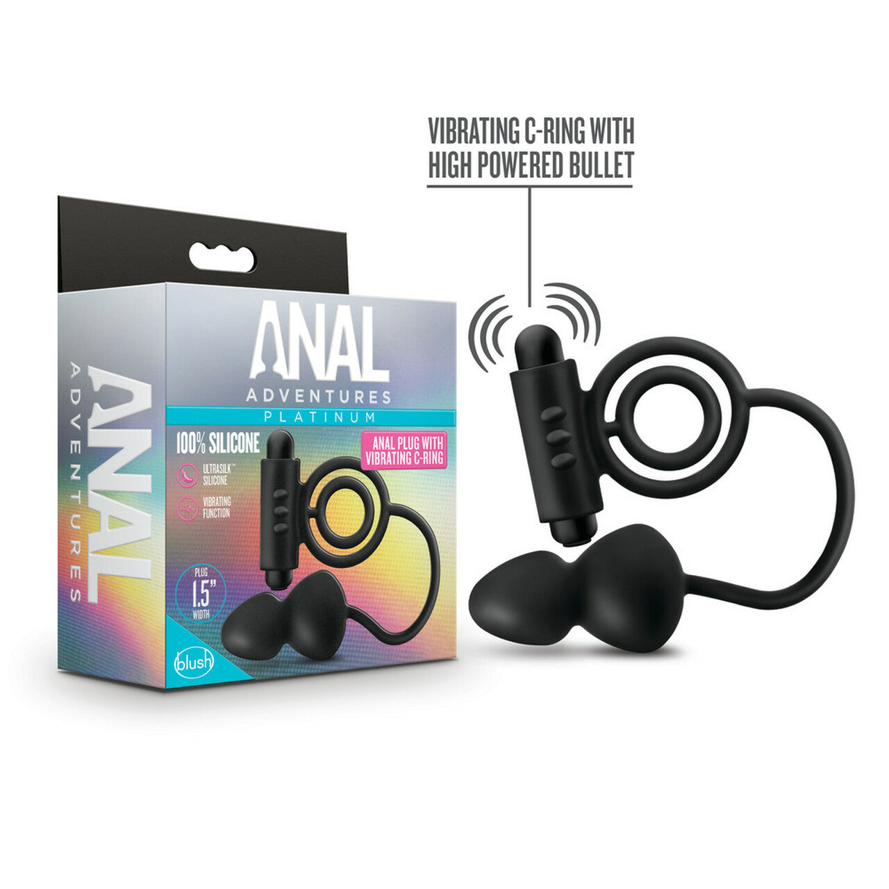 Anal Adventures Platinum - Silicone Anal Plug with Vibrating C-Ring - Black