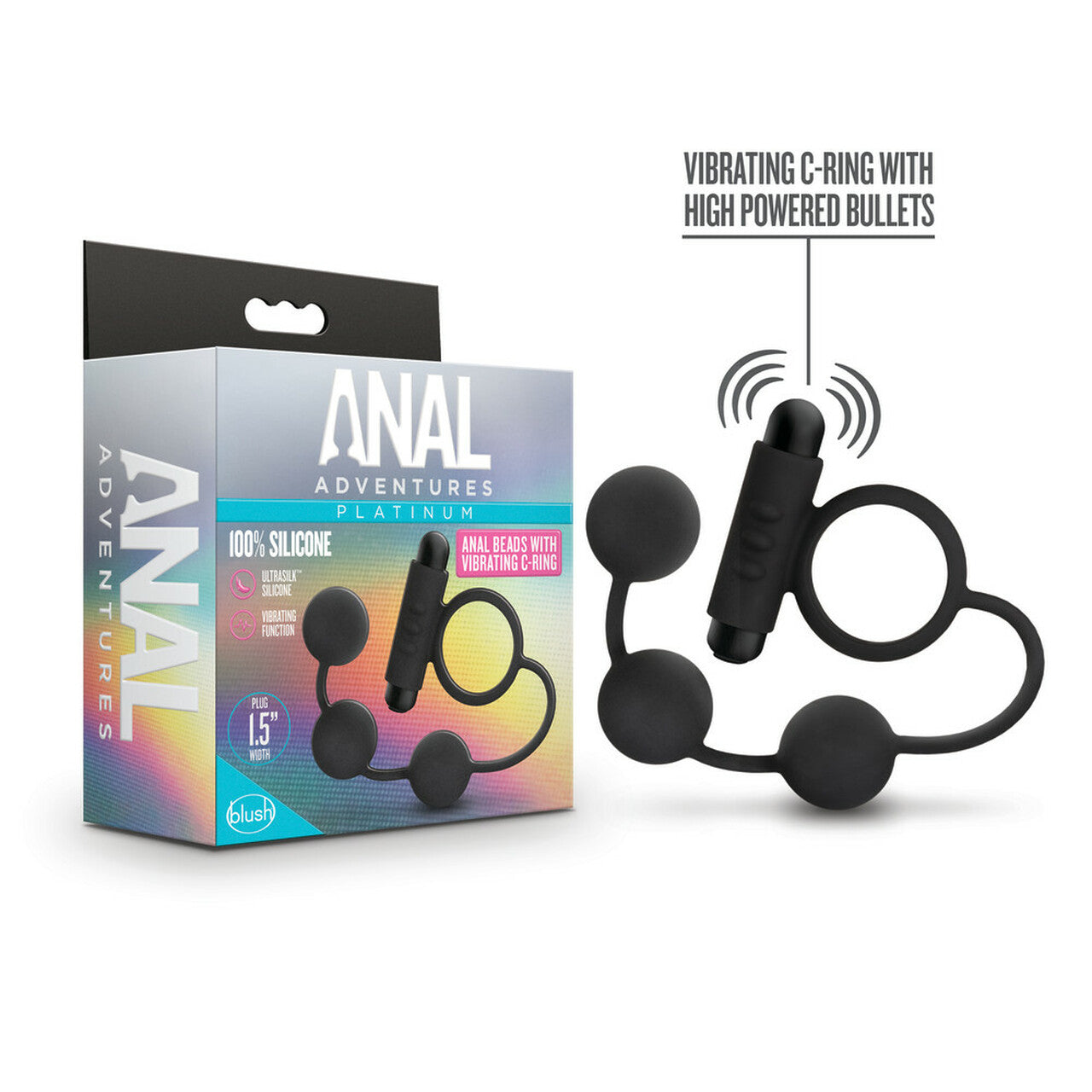 Anal Adventures Platinum - Silicone Anal Beads with Vibrating C-Ring - Black