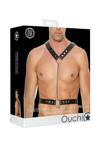Ouch! Twisted Bit Black Leather Harness - One Size - Black